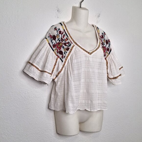 Anthropologie Pilcro Floral Embroidered Crop Blouse Sz S Boho Cottagecore Cotton - Picture 3 of 15